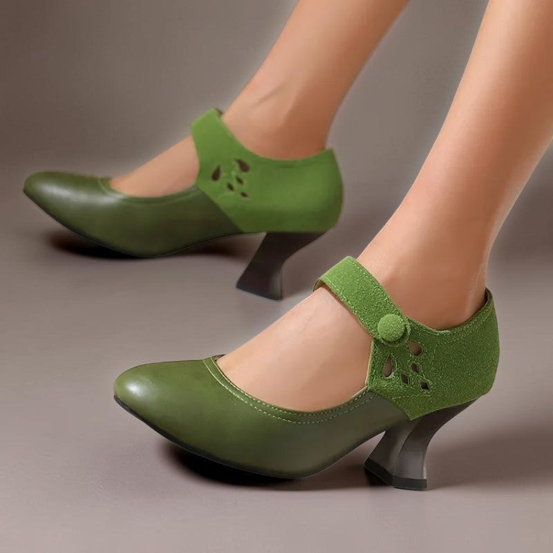 Suede round-toe heels with a secure ankle strap and stable block heel