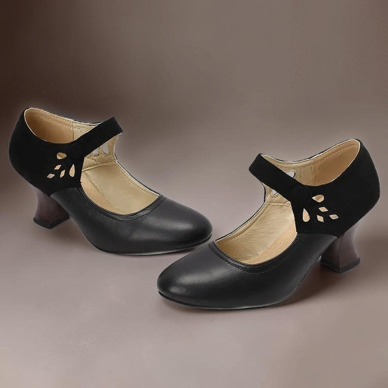 Guinevere Victorian button strap heels with ankle strap and block heel