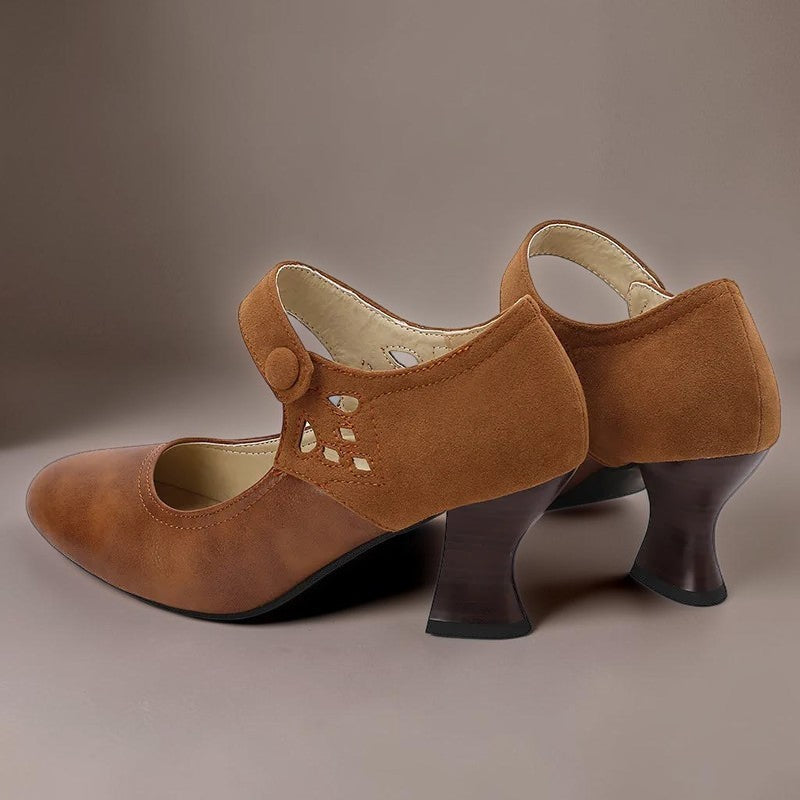 Guinevere Victorian button strap heels with ankle strap and block heel