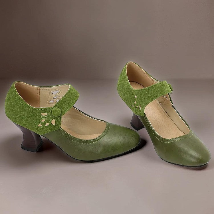 Guinevere Victorian button strap heels with ankle strap and block heel