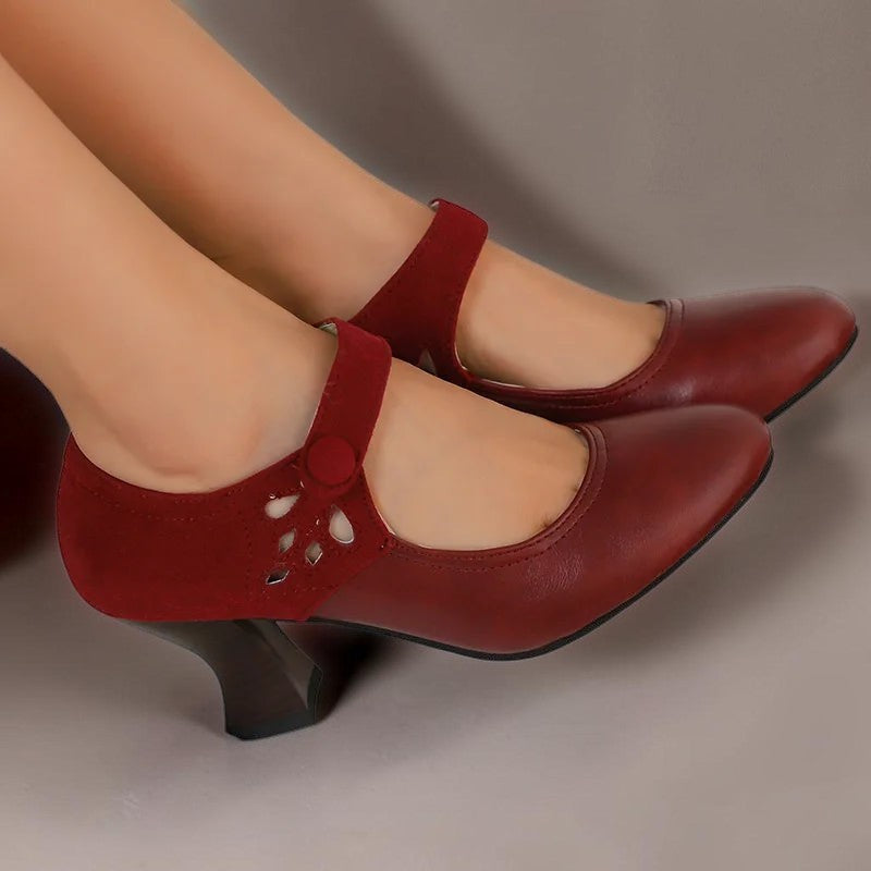 Guinevere Victorian button strap heels with ankle strap and block heel