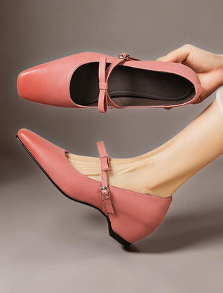 Bow-strap Mary Jane pump with concealed block heel and burnished leather, shown in green, pink and black