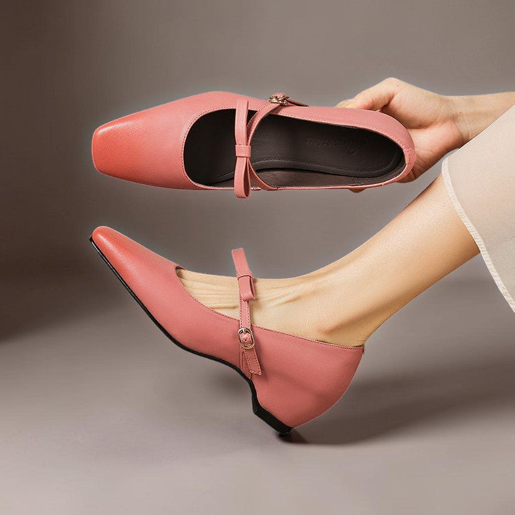 Bow-strap Mary Jane pump with concealed block heel and burnished leather, shown in green, pink and black