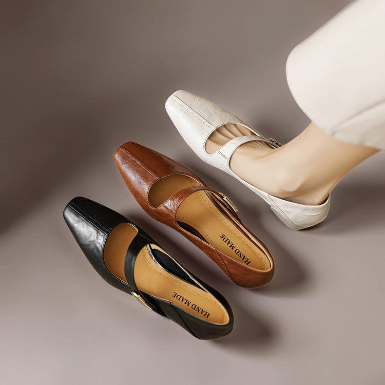 Quera | Chiseled Square-Toe Mary Jane Pump with Gold Bit