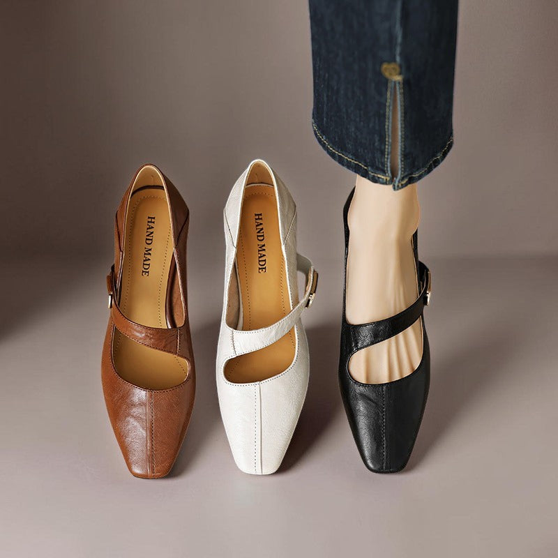 Chiseled square-toe leather Mary Jane pump with gold bit accent and low block heel