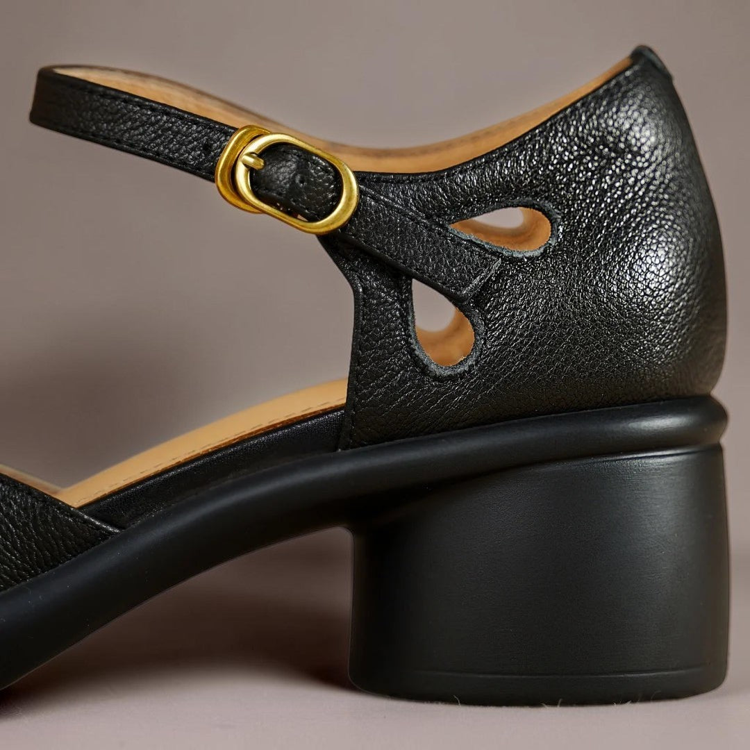 Ankle strap platform sandals with adjustable buckle and cushioned footbed in black and beige