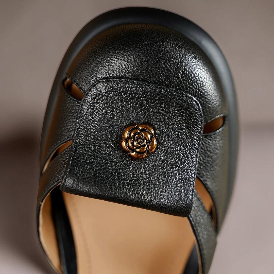 Ankle strap platform sandals with adjustable buckle and cushioned footbed in black and beige