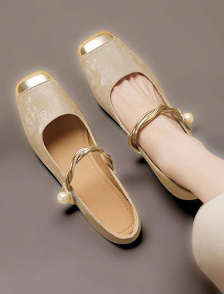 Square-toe Mary Jane pumps with pearl instep strap and low block heel