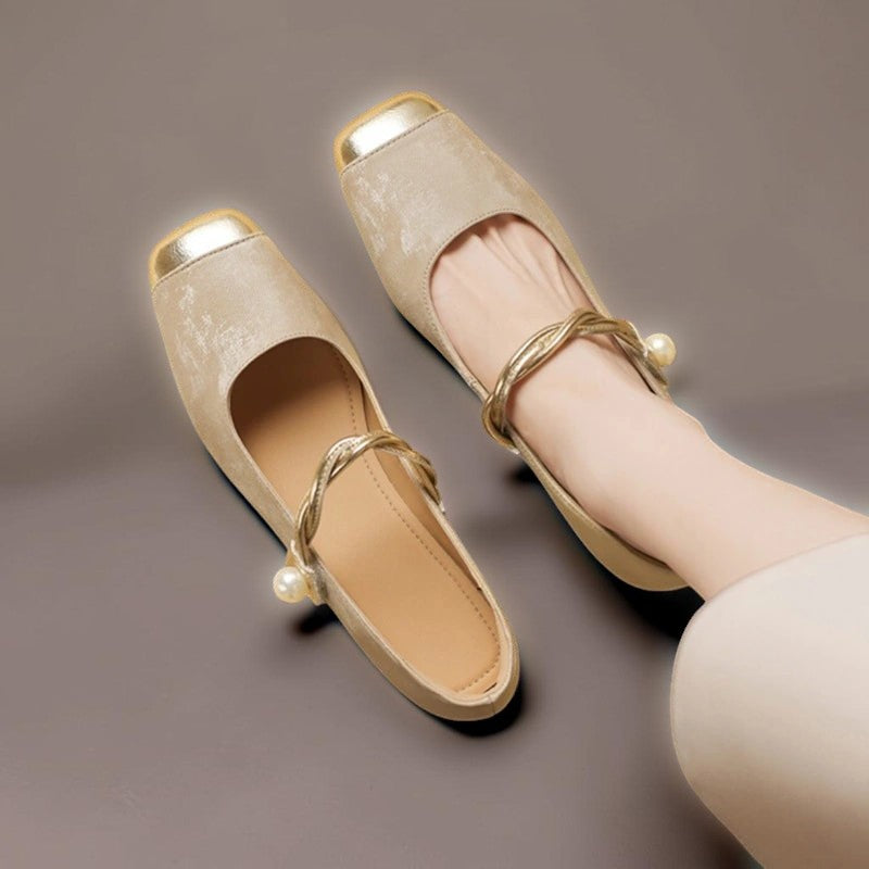 Square-toe Mary Jane pumps with pearl instep strap and low block heel