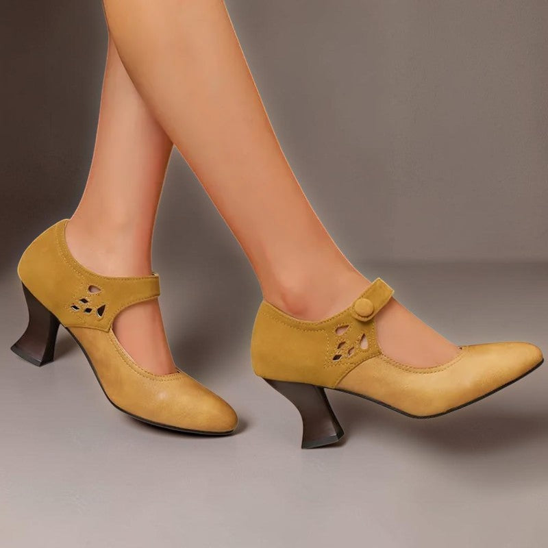 Suede round-toe heels with a secure ankle strap and stable block heel