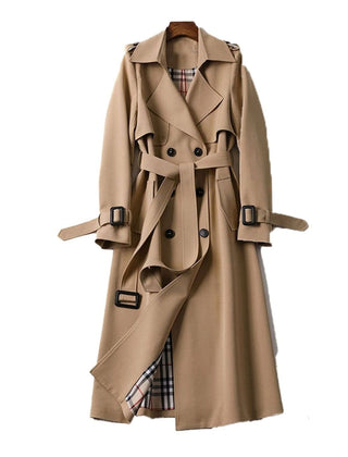 Women's double-breasted belted longline trench coat with buckled cuffs and epaulet tabs