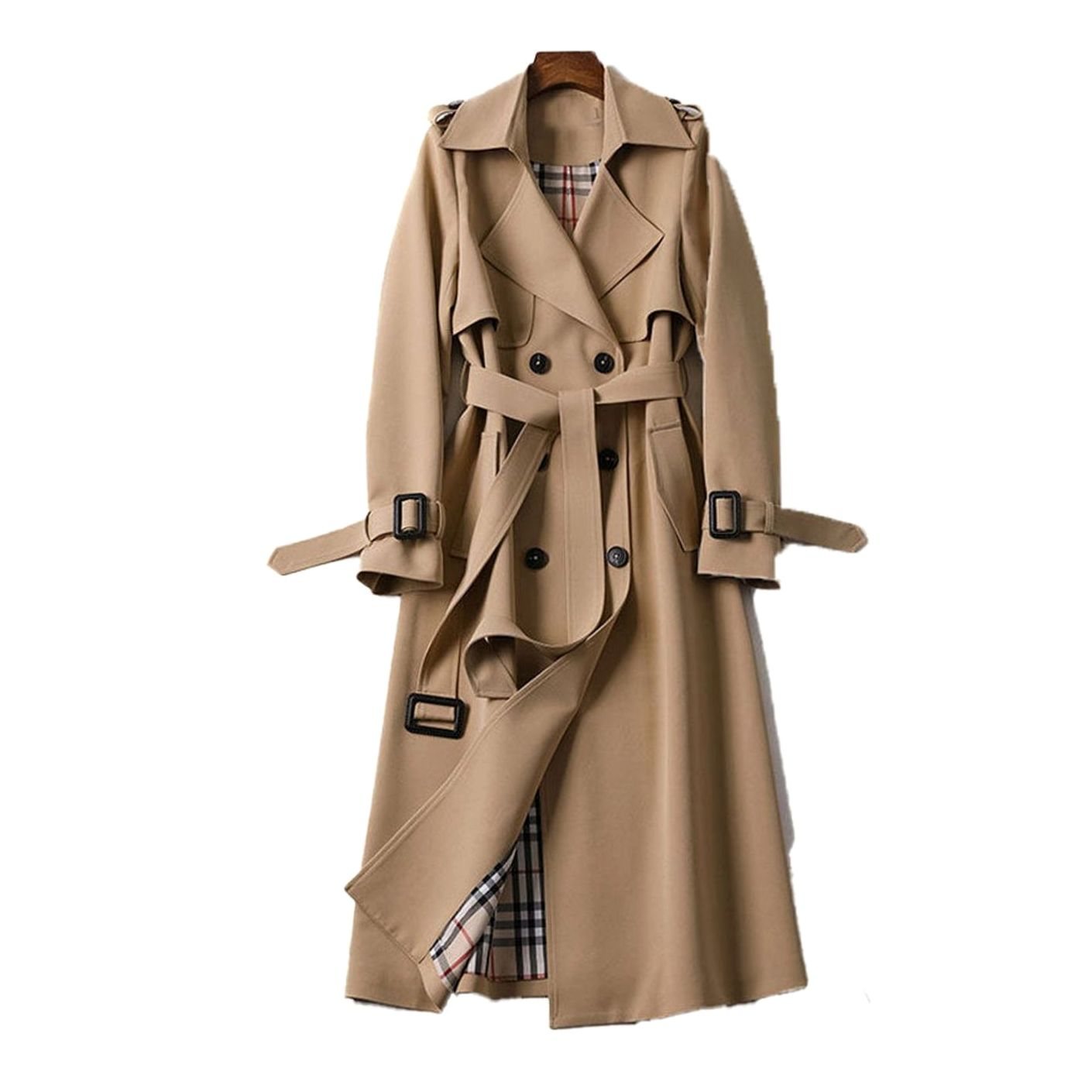 Women's double-breasted belted longline trench coat with buckled cuffs and epaulet tabs