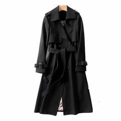 Women's double-breasted belted longline trench coat with buckled cuffs and epaulet tabs