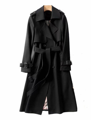 Women's double-breasted belted longline trench coat with buckled cuffs and epaulet tabs