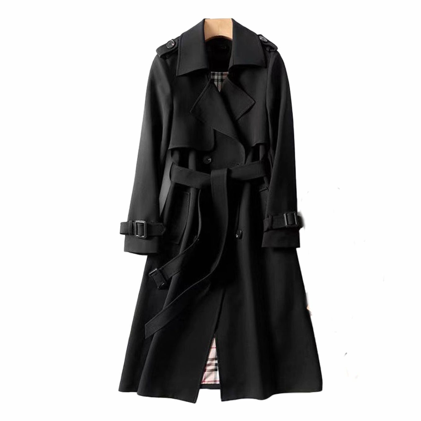 Women's double-breasted belted longline trench coat with buckled cuffs and epaulet tabs