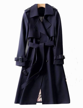 Women's double-breasted belted longline trench coat with buckled cuffs and epaulet tabs