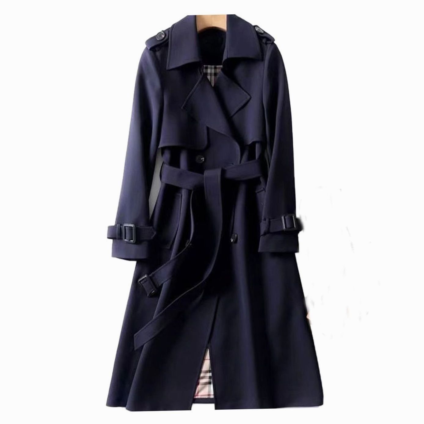 Women's double-breasted belted longline trench coat with buckled cuffs and epaulet tabs