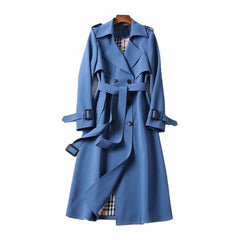 Women's double-breasted belted longline trench coat with buckled cuffs and epaulet tabs