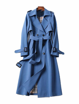 Women's double-breasted belted longline trench coat with buckled cuffs and epaulet tabs