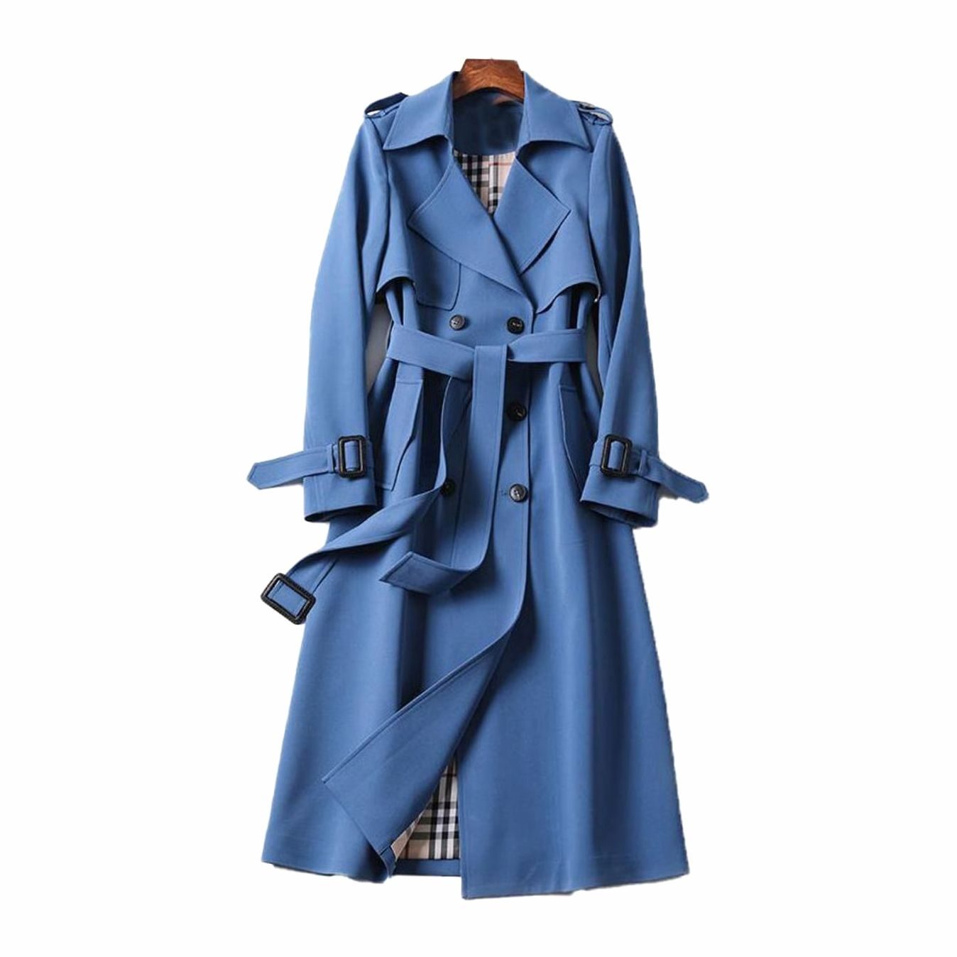 Women's double-breasted belted longline trench coat with buckled cuffs and epaulet tabs