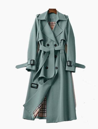 Women's double-breasted belted longline trench coat with buckled cuffs and epaulet tabs