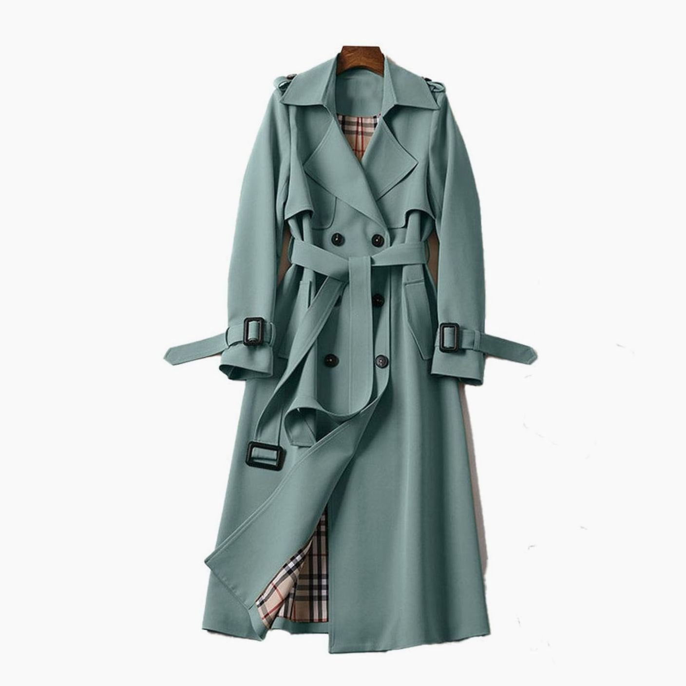 Women's double-breasted belted longline trench coat with buckled cuffs and epaulet tabs