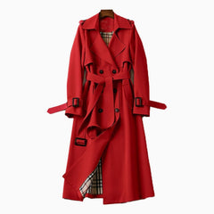 Women's double-breasted belted longline trench coat with buckled cuffs and epaulet tabs
