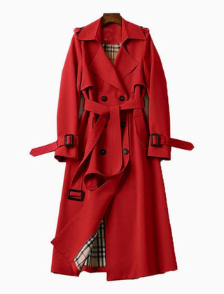 Women's double-breasted belted longline trench coat with buckled cuffs and epaulet tabs