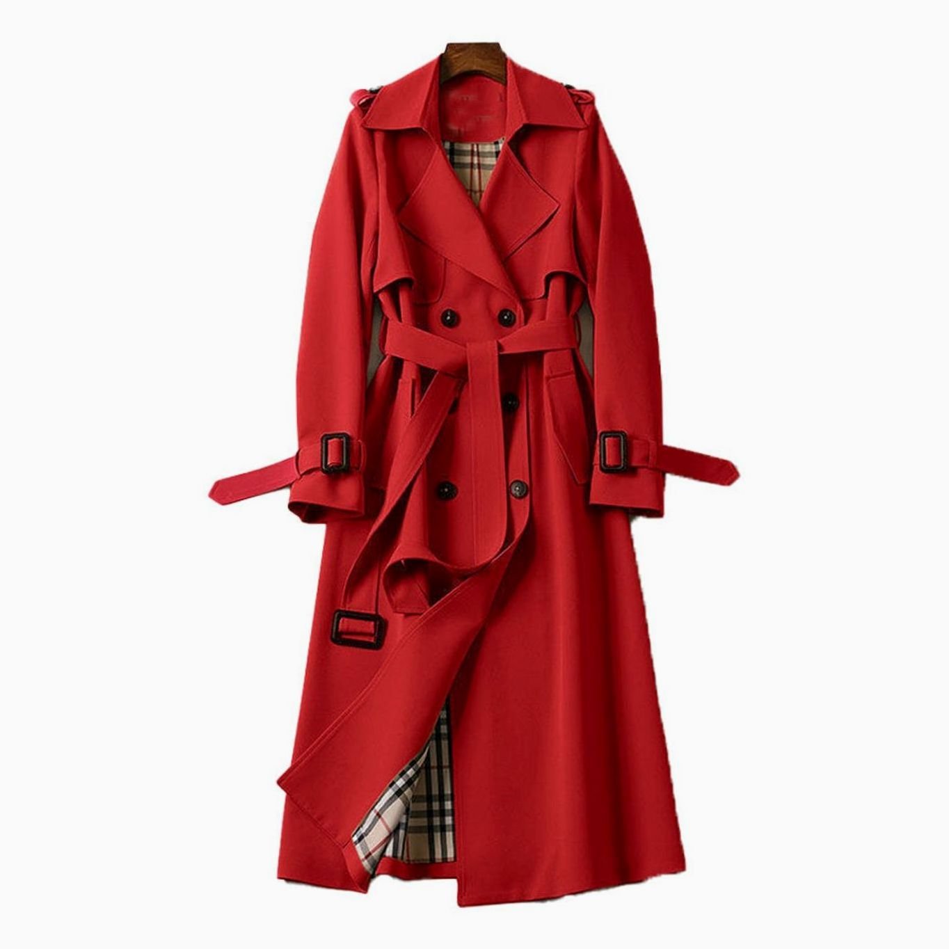 Women's double-breasted belted longline trench coat with buckled cuffs and epaulet tabs