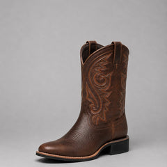 Brown embroidered leather western ankle boots with block heel and scroll stitching