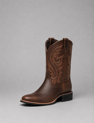 Brown embroidered leather western ankle boots with block heel and scroll stitching