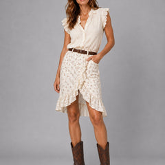 Brown embroidered leather western ankle boots with block heel and scroll stitching