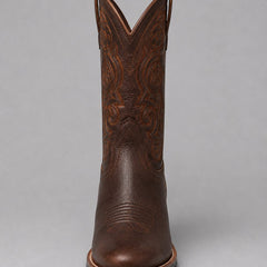 Brown embroidered leather western ankle boots with block heel and scroll stitching