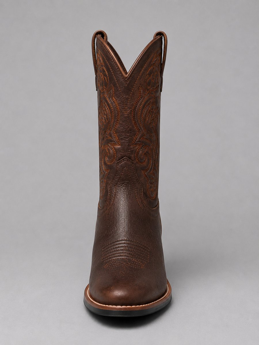 Brown embroidered leather western ankle boots with block heel and scroll stitching