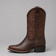 Brown embroidered leather western ankle boots with block heel and scroll stitching