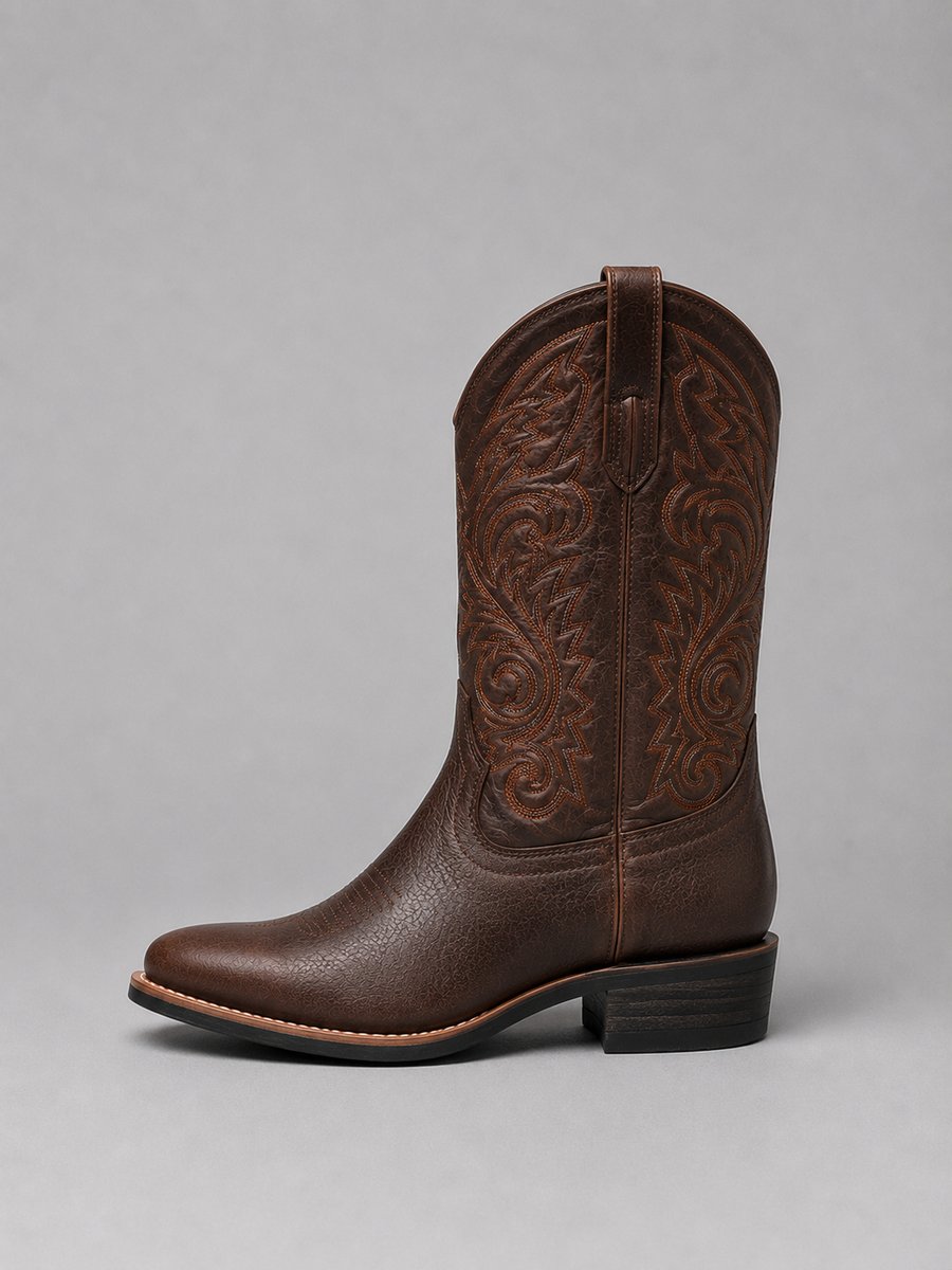 Brown embroidered leather western ankle boots with block heel and scroll stitching