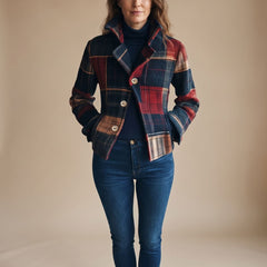 Women's plaid cropped winter coat in navy, red and camel with notched lapel and double-button closure