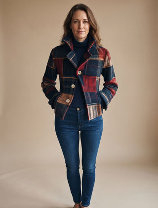 Women's plaid cropped winter coat in navy, red and camel with notched lapel and double-button closure