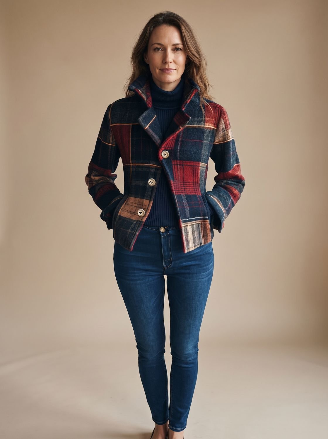 Women's plaid cropped winter coat in navy, red and camel with notched lapel and double-button closure
