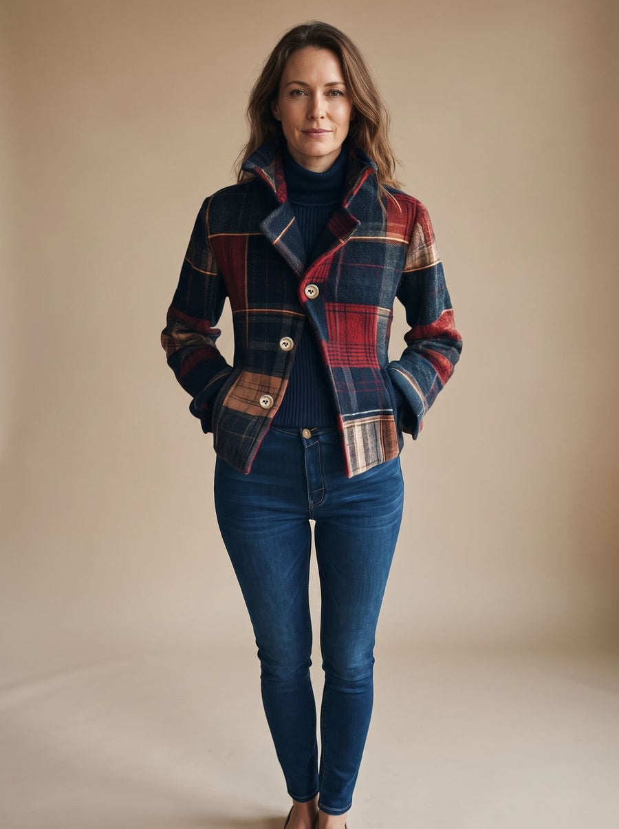 Women's plaid cropped winter coat in navy, red and camel with notched lapel and double-button closure