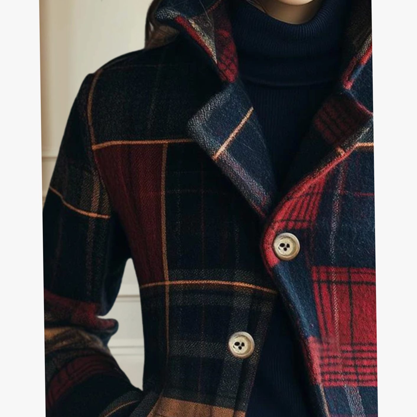 Women's plaid cropped winter coat in navy, red and camel with notched lapel and double-button closure