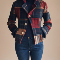 Women's plaid cropped winter coat in navy, red and camel with notched lapel and double-button closure
