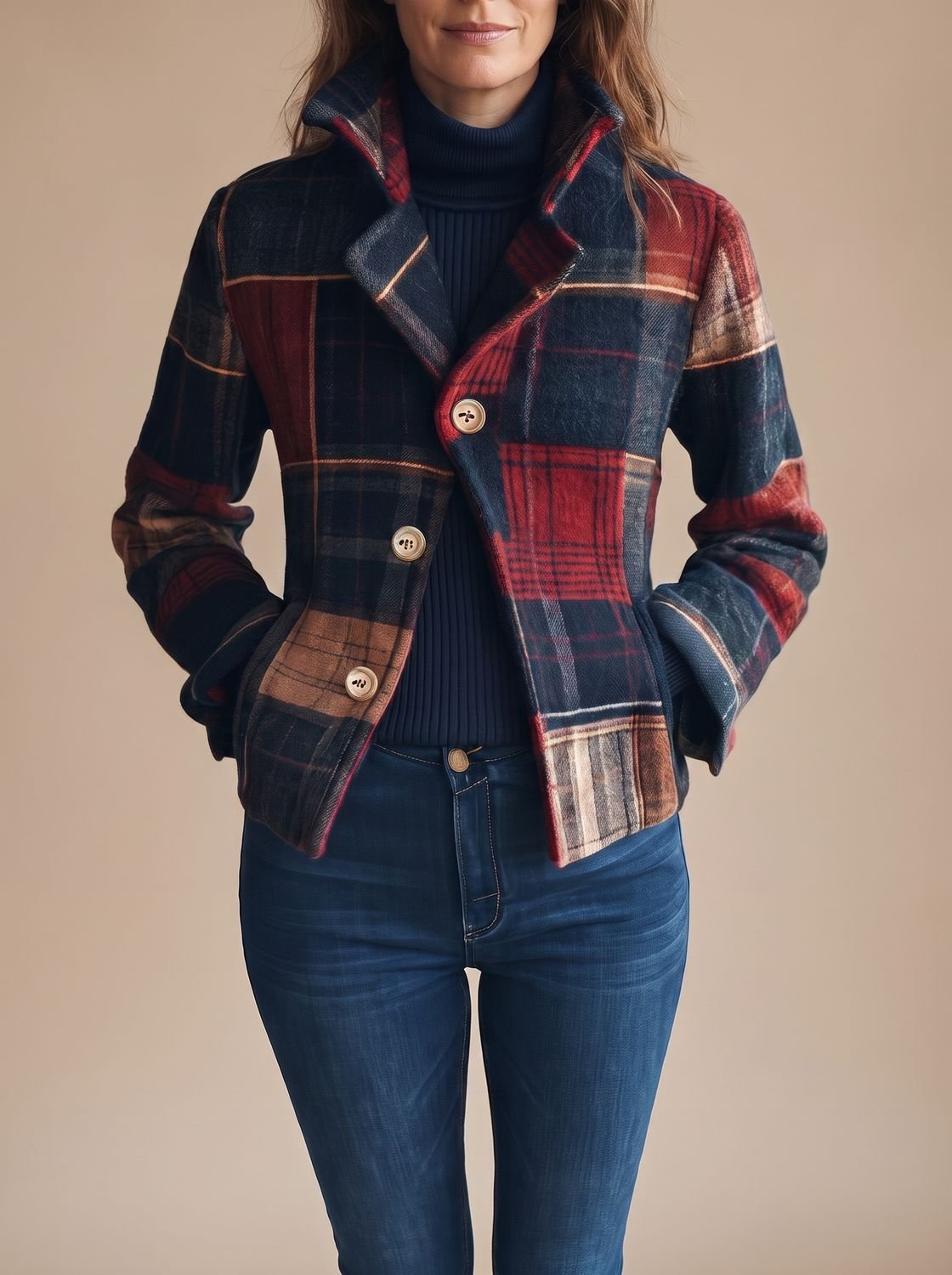 Women's plaid cropped winter coat in navy, red and camel with notched lapel and double-button closure