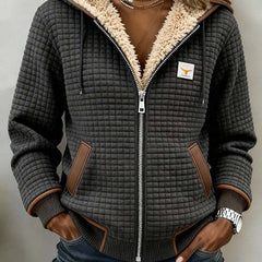 Sherpa-lined quilted zip-up hooded jacket with drawstring hood and contrast trim