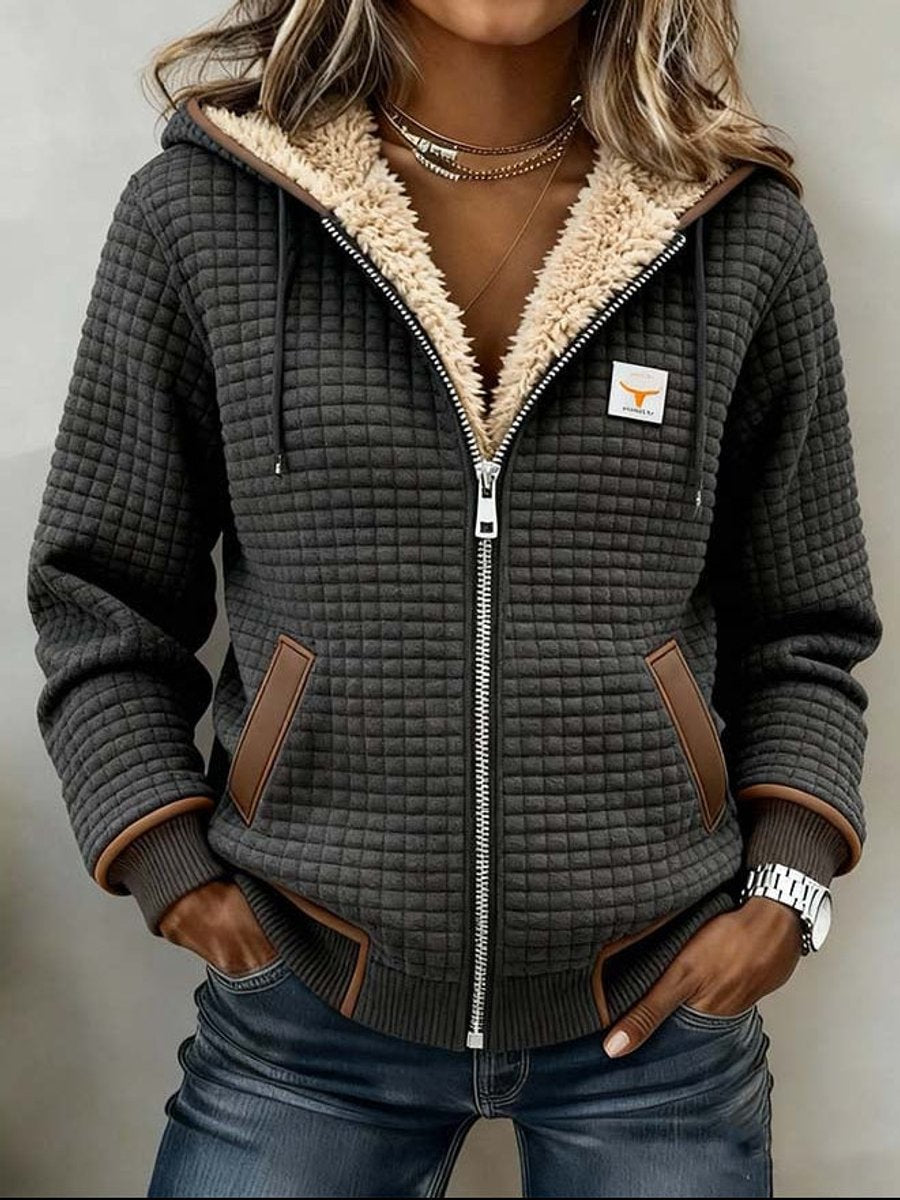 Sherpa-lined quilted zip-up hooded jacket with drawstring hood and contrast trim