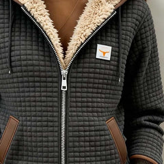 Sherpa-lined quilted zip-up hooded jacket with drawstring hood and contrast trim