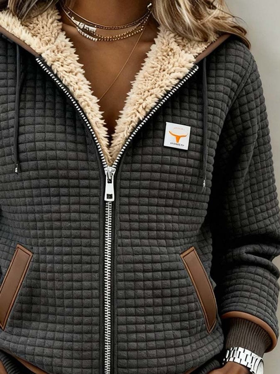 Sherpa-lined quilted zip-up hooded jacket with drawstring hood and contrast trim