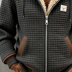 Sherpa-lined quilted zip-up hooded jacket with drawstring hood and contrast trim