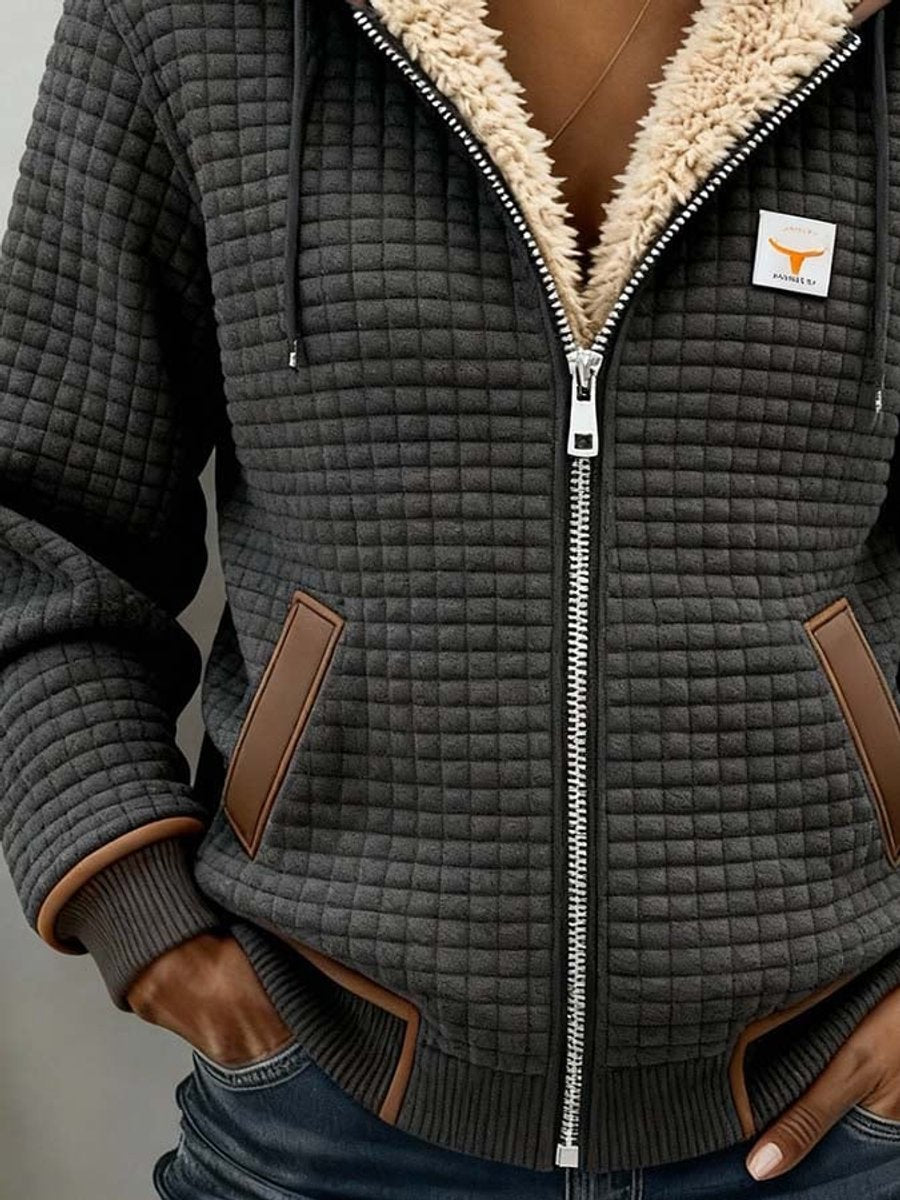 Sherpa-lined quilted zip-up hooded jacket with drawstring hood and contrast trim