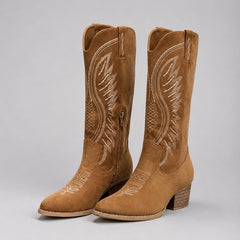 Women's western embroidered suede-feel knee-high boots with white stitching, pointed toe and block heel